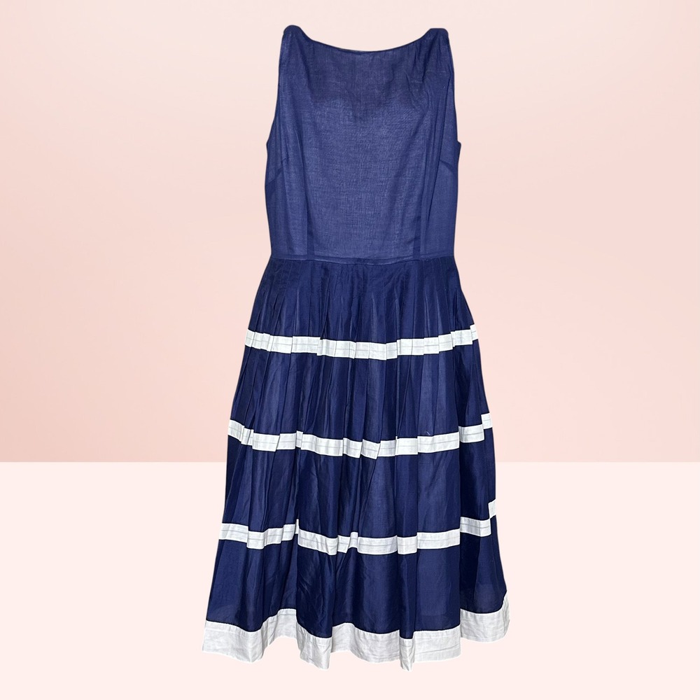 Talbots Cotton Striped Fit & Flare Dress Nautical Preppy Navy Blue White Size 8